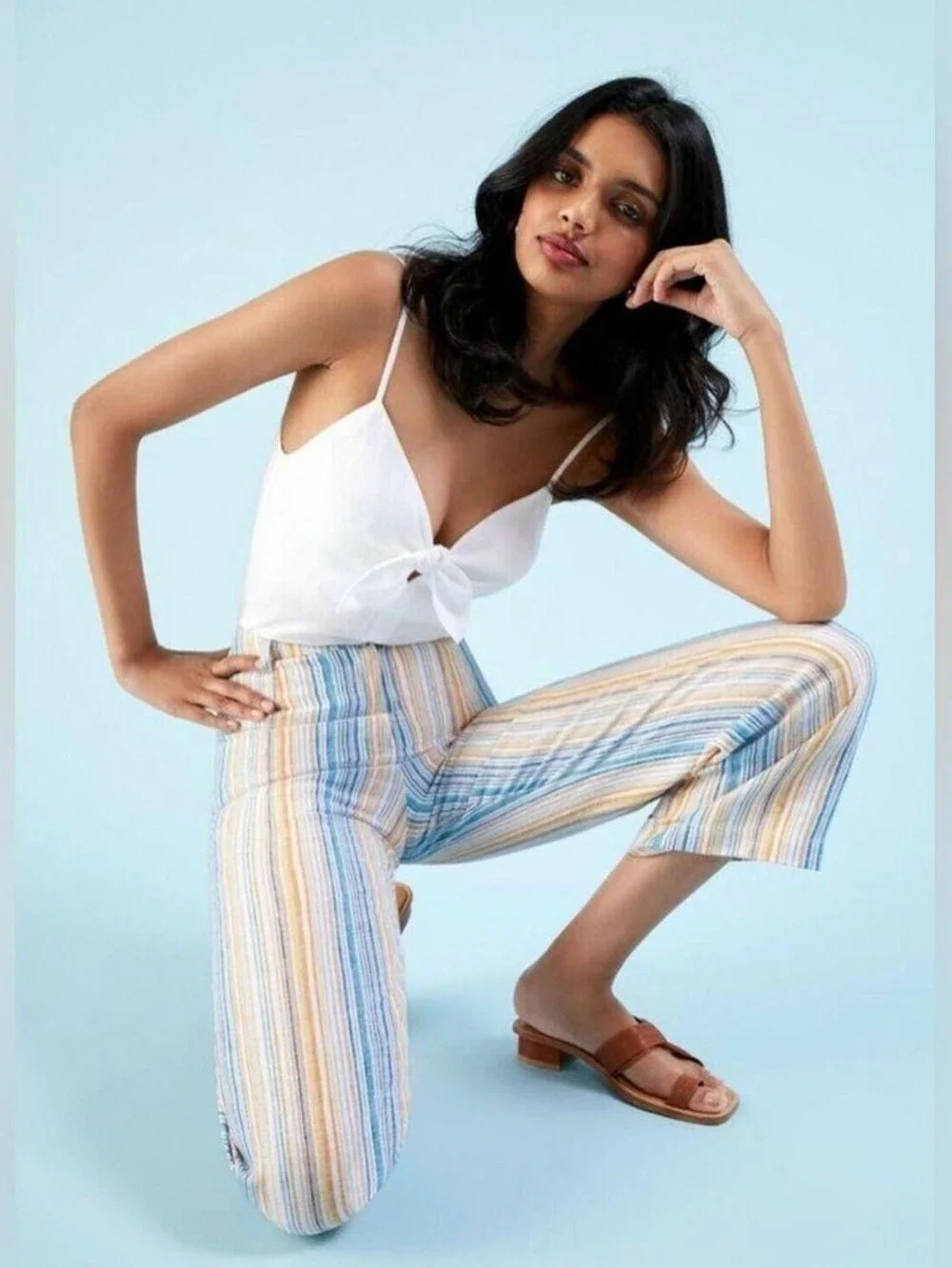 Reformation Tahiti Linen High Rise Wide Leg Crop In Rainbow Pastel Stripe